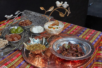 Traditional oriental sweets - Turkish delight, pastille, nuts, raisins, dried fruits, candied...