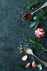 Ingredient for cooking on dark background. Top view with copy space. Cooking concept.