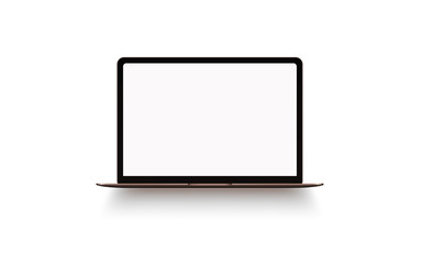 Rose laptop with blank computer screen on white background. Front view notebook mock up. The...
