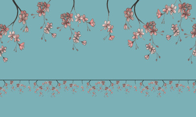 Seamless cherry blossom flower borders. Botanical hand-drawn watercolor illustration. Design for packaging, weddings, fabrics, textiles, Wallpaper, website, postcards.