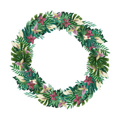 Seamless tropical flower wreath. Botanical hand-drawn watercolor illustration. Design for packaging, weddings, fabrics, textiles, Wallpaper, website, postcards.