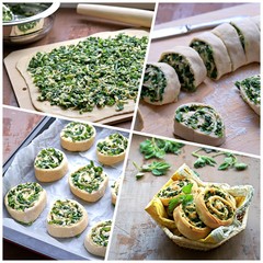 Food collage, step by step cooking of yeast twisted buns with nettle and egg. Recipes from wild herbs.