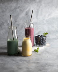 superfood powders and smoothie with natural nutrients curcuma, spirulona and yam 