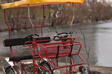 Fototapeta na wymiar red rickshaw in winter against the backdrop of a pond