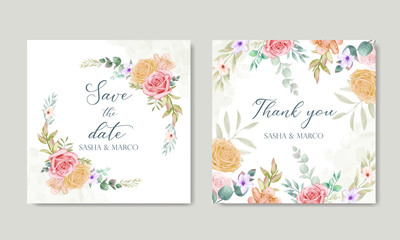 Wedding invitation card with colourful floral and leaves