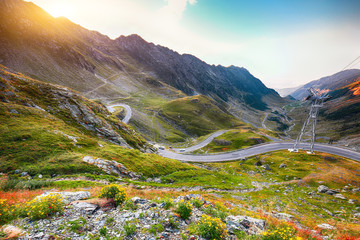 View of Transfagarash highway and valley in mountains of Romania