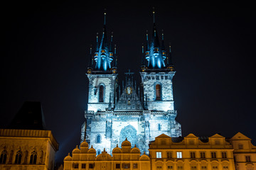 Gothic Architecture Church of Our Lady Before Tyn in Prague at Night
