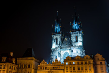 Fototapeta na wymiar Gothic Architecture Church of Our Lady Before Tyn in Prague at Night