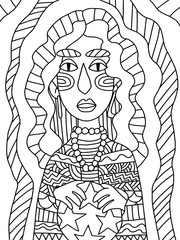 Simple outline fortune teller woman stock vector illustration. Black and white coloring page zentagle illustration for adults. Woman character with curly hair, cats eyes, beads and crystal ball. 
