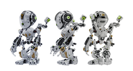 Three futuristic robotic scout units with  multifunctional arm helpers. 3d rendering in different poses