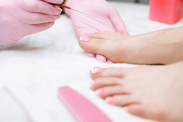Specialist in beauty salon making french pedicure for client. Closeup young well-groomed female foots. Manicurist doing professional pedicure. Master applies nail polish to client.