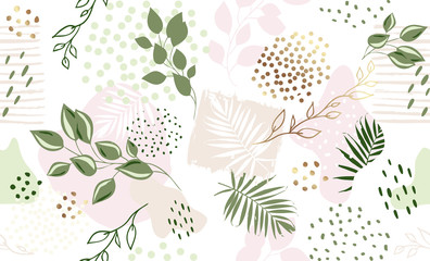 Seamless exotic pattern with tropical plants and pink gold elements. Vector