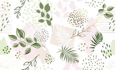 Behang Tropische bladerprint Naadloze exotische patroon met tropische planten en roze gouden elementen. Vector