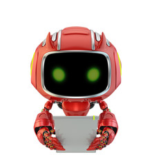 Naklejka premium Smart little robotic devil with friendly green digital eyes and little horns. This cute toy holding blank digital board/tablet. 3d rendering