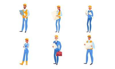 Set of various builders in blue clothing and helmets. Vector illustration in flat cartoon style.