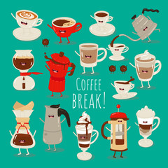 Coffee brewing methods illustration set. Collection of vector cup of coffee, french press, pots and kettles.
