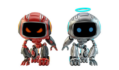 Two warring little robotic toys, 3d rendering with silver angel and red devil bots in squat epic pose
