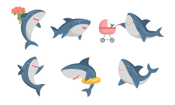 Set of cute humanized shark in different life situations. Vector illustration in flat cartoon style.
