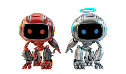 Two warring little robotic toys, 3d rendering with silver angel and red devil bots in squat epic pose