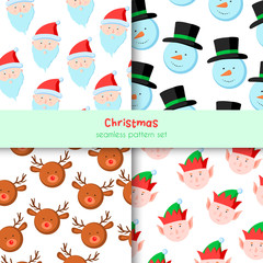 set of vector seamless patterns for Christmas: Santa Claus, snowman, Santa's reindeer, elf . vector hand drawn illustration. use for fabric, wrapping paper