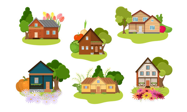 Set of different country houses with gardens. Vector illustration in flat cartoon style.