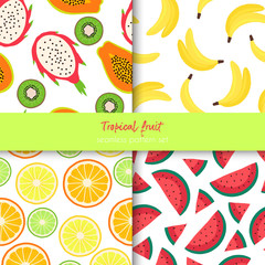 set of vector seamless patterns with exotic fruits: watermelon, orange, lemon, lime, banana, kiwi, dragon fruit. vector summer hand drawn illustration. use for fabric, packaging paper