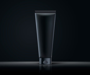 Realistic 3d black cosmetic tube mock up. Dark themed illustration. Dark background.