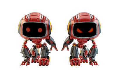 Two red little robotic devils in a squat hero pose, 3d rendering