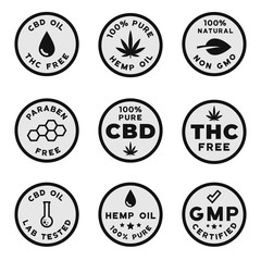 Set of CBD themed logotypes: GMO free GMP certified CBD oil logos, THC free, paraben and pesticides free badges