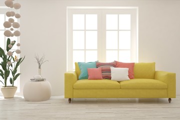 Stylish room in white color with sofa. Scandinavian interior design. 3D illustration