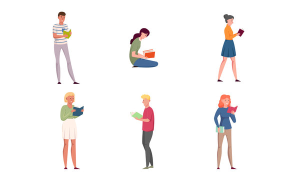 Set of young people reading books in different poses. Vector illustration in flat cartoon style.
