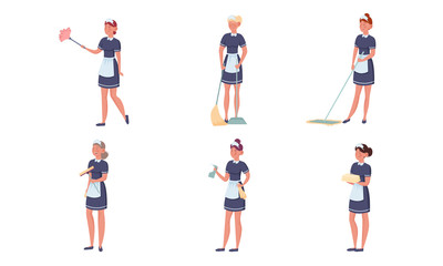Set of maid posing in different actions. Vector illustration in flat cartoon style.