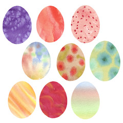 Set of multi-colored Easter eggs. Watercolor hand drawn illustration