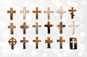 Collection of christian crosses. Doodle sketch illustration on white glowing background.