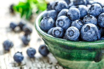 Fresh blueberries background with copy space for your text. Blueberry antioxidant organic superfood in a bowl concept for healthy eating and nutrition