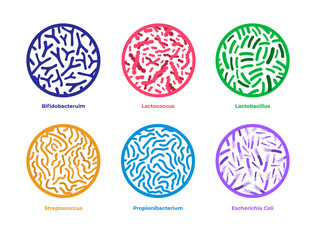 Set of probiotics icons. Different good bacterias isolated on white background