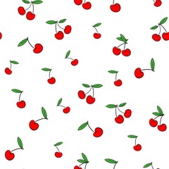 Red Cherry on a white background pattern. Vector. Design Textile Print