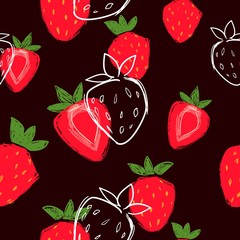 Strawberries with leaves on a dark background. Silhouette berries pattern. Textile design vector illustration.
