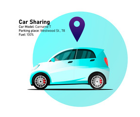 Car renting design template. Car sharing ilustration. Smart city car with geo tag illustration, city eco car side view with location mark