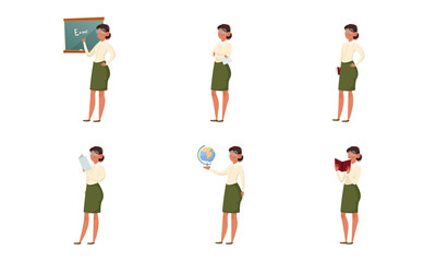 Colorful set of the female school teacher. Vector illustration in flat cartoon style
