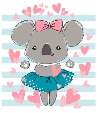 Hand drawn cute gray koala and heart. Print for baby clothes. Vector illustration