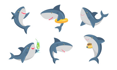 Set of cute humanized shark in different life situations. Vector illustration in flat cartoon style.