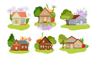 Set of different country houses with gardens. Vector illustration in flat cartoon style.