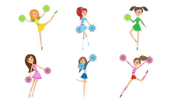 Set of cute girls cheerleaders with pom-poms. Vector illustration in flat cartoon style.