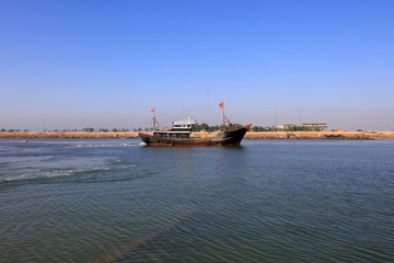 Fototapeta premium Fishing boats moored at fishing port wharf, Luannan County, Hebei Province, China