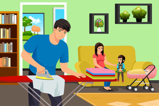 Father Ironing Clothes While Mother and Kids in the Living Room Illustration