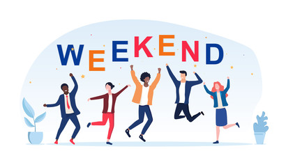 Group of friends or collegues celebrating the weekend with colorful text and cheering dancing multiracial men and women, vector illustration