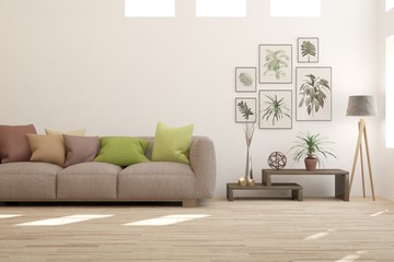 Stylish room in white color with sofa. Scandinavian interior design. 3D illustration