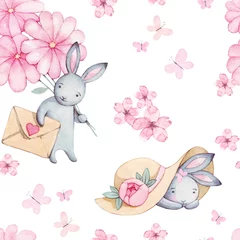 Foto op Plexiglas Aquarel prints Mooi naadloos aquarelpatroon met schattig konijn in hoed en roze bloemen, vlinder en hart. Perfect voor uw project, verpakking, behang, omslagontwerp, uitnodigingen, verjaardag, valentijnsdag