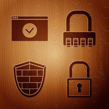 Set Lock , Secure your site with HTTPS, SSL, Shield with cyber security brick wall and Safe combination lock on wooden background. Vector